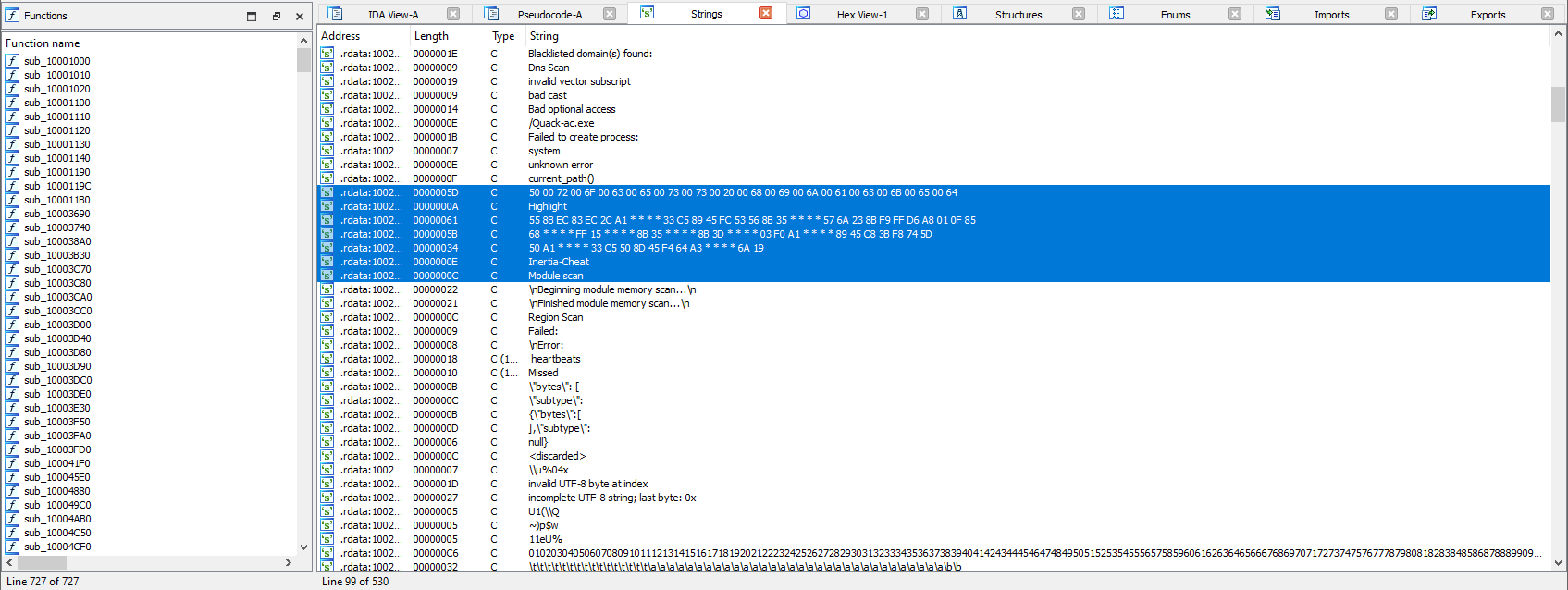 Найденные сигнатуры читов в Quack-internal.dll