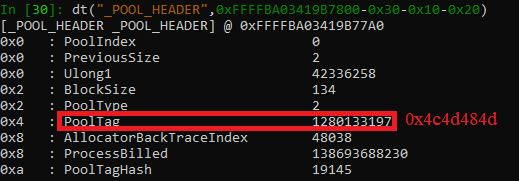 Содержимое структуры _POOL_HEADER процесса 3140