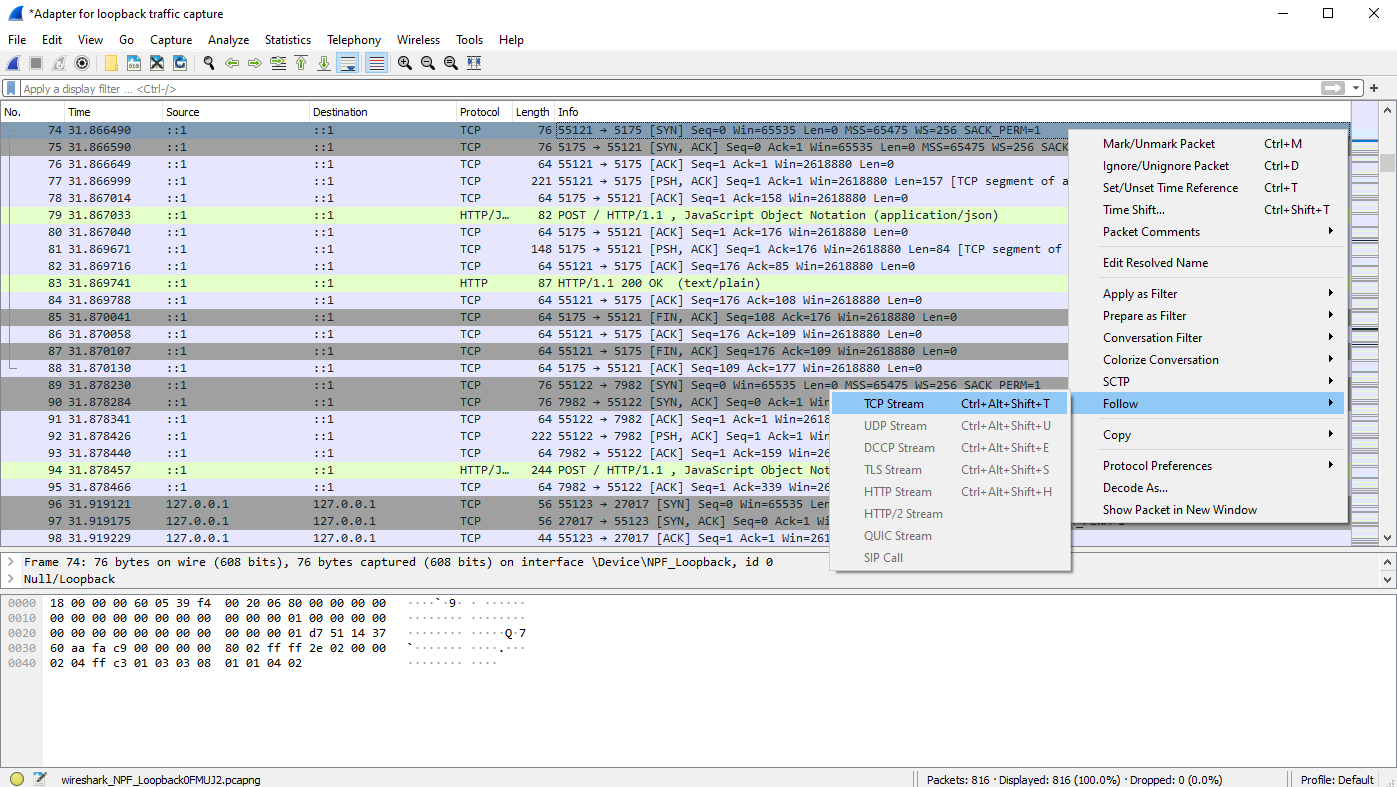 Перехваченные пакеты, пересылаемые на localhost