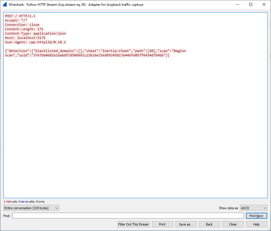 Пакет от Quack-internal.dll к Quack-ac.exe при обнаружении чита