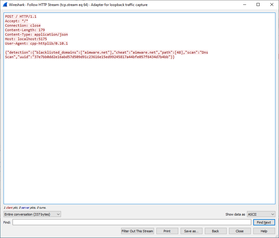Пакет от Quack-internal.dll к Quack-ac.exe при обнаружении домена из черного списка